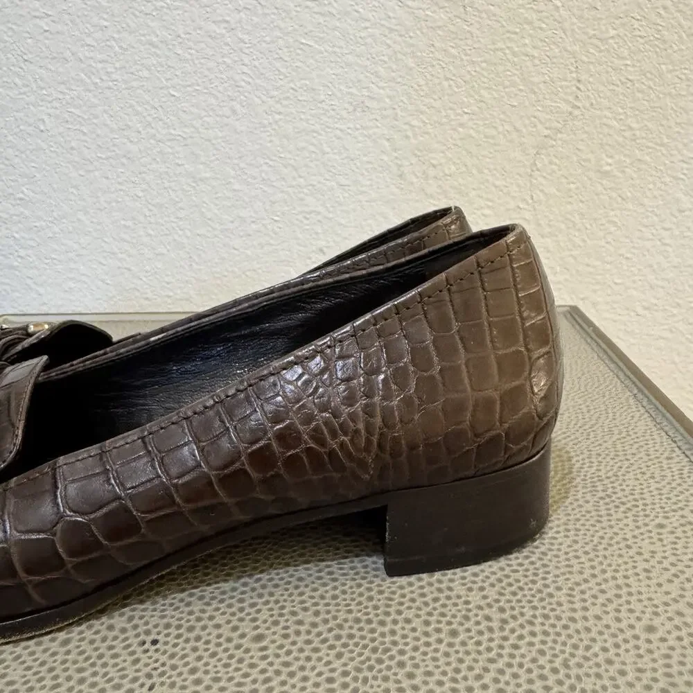 Prada 90s Y2K VTG Brown Croc Pattern Buckle Kitten Heels Pumps Shoes 37.5 7.5